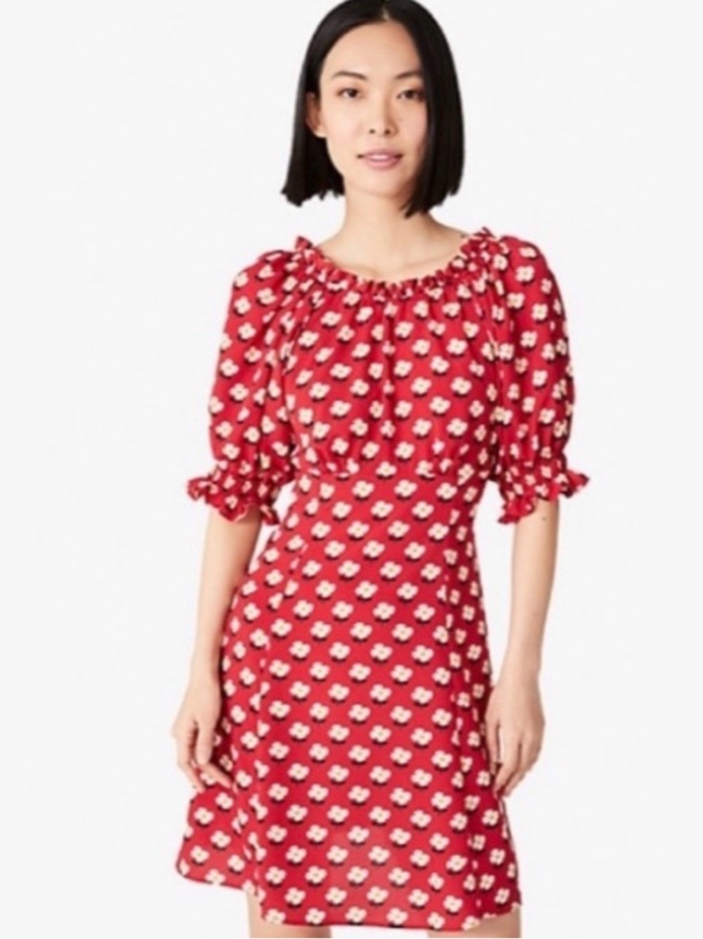 Kate Spade Block Floral Fluid Lava Falls Red Midi Puff-Sleeve Dress Size 6 NWOT